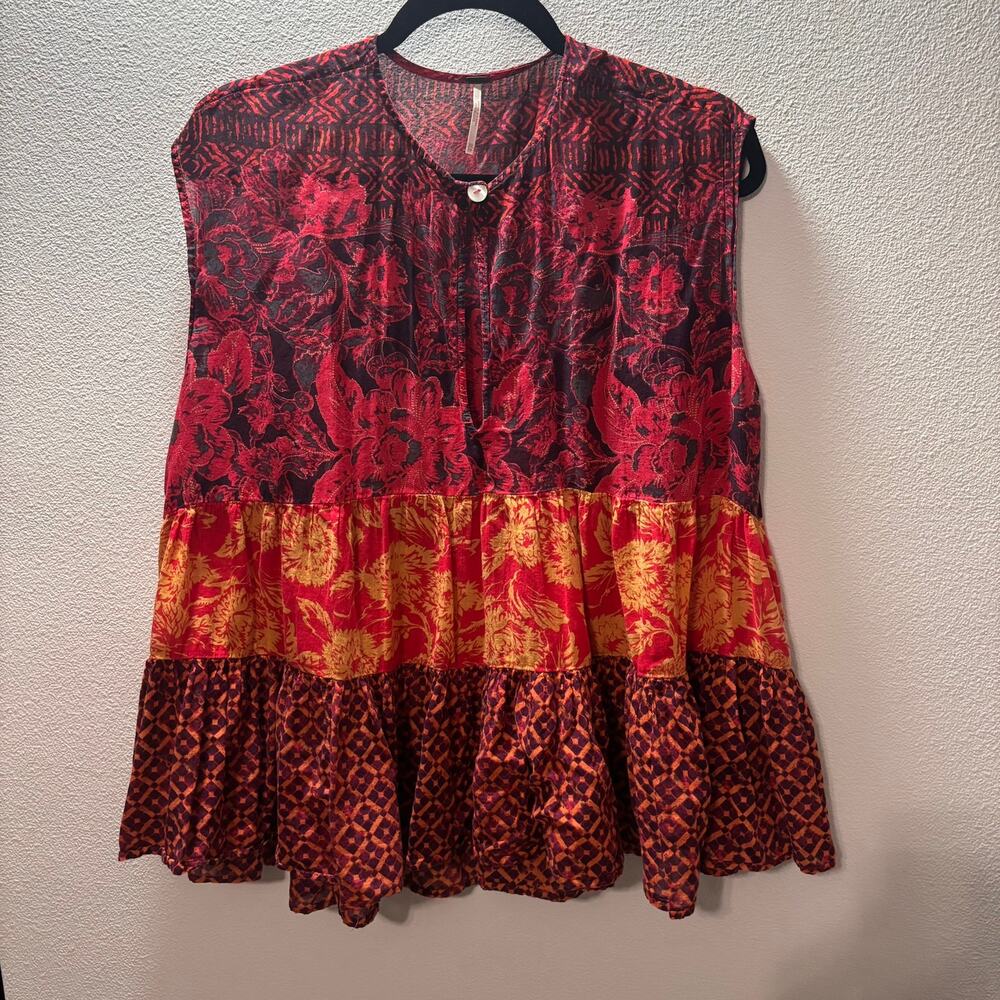Free People XS Mixed Print Tiered Peplum Top Red Orange Boho Cotton Tank